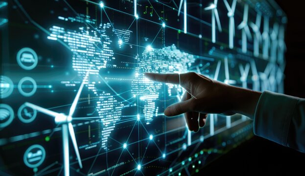 Digital World Map with Wind Turbine Icons and a Hand Interacting
