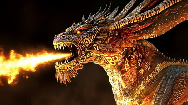 Fiery Dragon: A majestic dragon with glowing eyes and intricate scales breathes a fiery torrent, a symbol of power, strength, and untamed nature.  