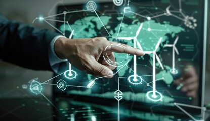 A Hand Interacting with a Digital Interface of a World Map and Wind Turbines