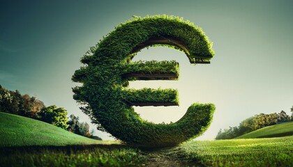 Euro symbol made entirely of green grass. Sustainability and eco-finance concept, green loan and green mortgage concept.