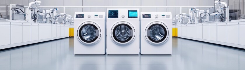 Modern washing machines in a clean laundromat.