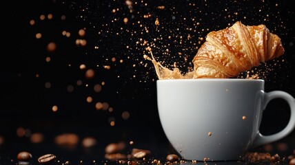 Coffee and bakery concept. Roast croissant splashing in coffee cup with scattered beans.