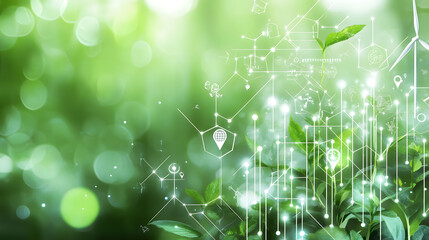 Modern green background with plants and energy icons, symbolizing sustainability