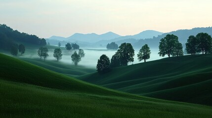 Fototapeta premium Dense mist envelopes green valley at dawn nature landscape photography serene environment peaceful viewpoint