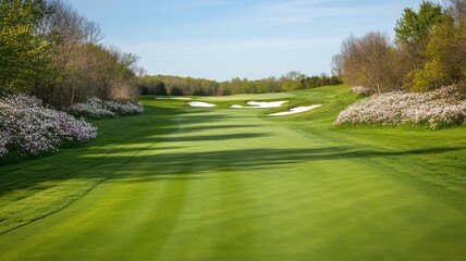 Obraz premium Scenic golf course with vibrant green fairway.