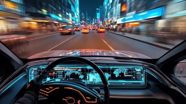 Driving into the Future: A futuristic car navigates a bustling city at night, illuminated by neon lights and a sense of high-tech excitement.