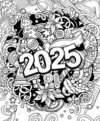 2025 doodles illustration. New Year objects and elements design. Line art cartoon holidays funny background