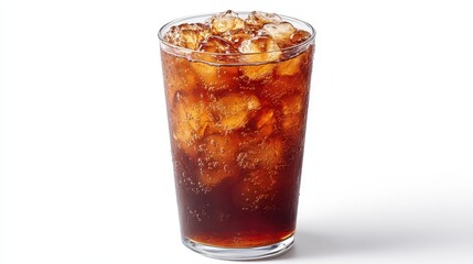 Iced dark brew served in a transparent glass, highlighting its rich hue and bubbly texture against a pristine white backdrop.