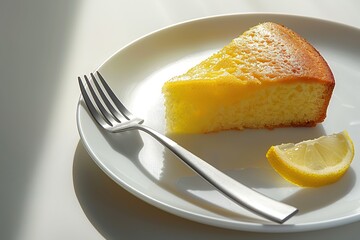 Delicious Slice of Lemon Cake Beautifully Presented on a Charming Plate and Ready to Enjoy. Delectable portion of rich lemon cake is garnished with powdered sugar and is charmingly served with a fork