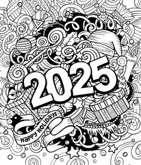 2025 doodles sketchy illustration. New Year objects and elements design