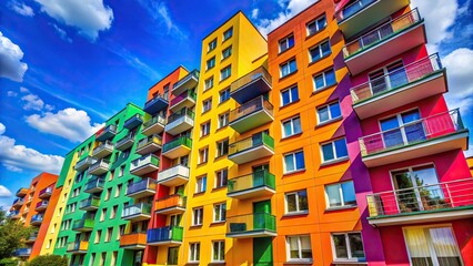 Fototapeta premium Colorful apartment building at a tilted angle with vibrant colors