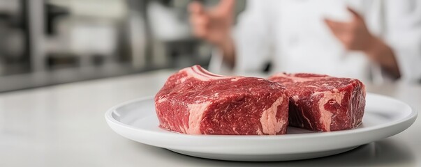 Technology innovation in food supply chains. A close-up of two raw ribeye steaks on a white plate, showcasing marbling and freshness, with a chef's hands in the background.