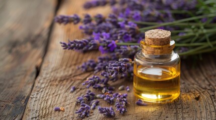 Lavender Oil and Flowers on Wooden Background