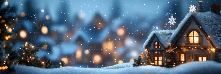 Snowy Village with Lit Homes at Christmas