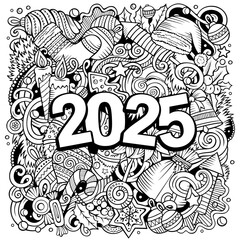 2025 doodles illustration. New Year objects and elements design. Line art cartoon holidays funny background