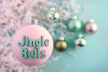 Pastel pink and mint green Christmas ornament formed with negative space and a background filled with modern textures, featuring "Jingle Bells" in playful font