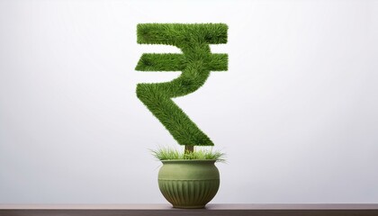 Green Rupee symbol made entirely of green grass. Sustainability and eco-finance concept, green loan and green mortgage concept, India rupee.