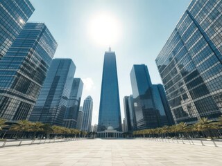 Modern square filled with towering skyscrapers illuminated by sunbeams, view, architecture