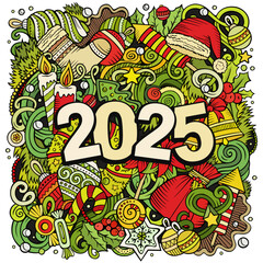 2025 doodles illustration. New Year objects and elements design. Creative cartoon holidays funny background
