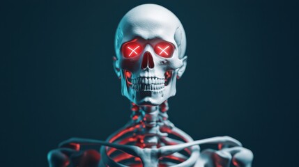Spooky skeleton display art installation urban gallery dark environment close-up view horror concept for halloween enthusiasts