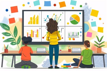 Three students engage in a collaborative data analysis project, studying colorful charts and graphs displayed on a large screen. They are seated at a table filled with supplies