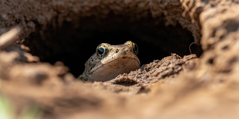 Obraz premium A side-angle view of a Dusky Gilde mudskipper inside a small burrow, peeking out cautiously
