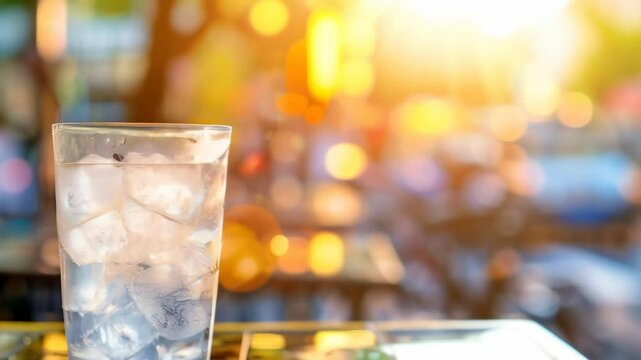 Refreshing glass of ice water sits on a table in an outdoor cafe, sparkling in the golden light of a setting sun, providing a cool respite from the bustling city