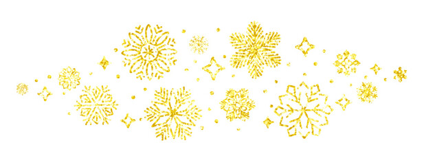 Golden glitter wave snowflakes group isolated, group snowflakes banner, gold Christmas border