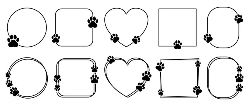 Pet footprint frame set, pets love symbol, shape frames with dog or cat paws cute steps