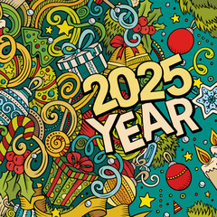 2025 doodles illustration. New Year objects and elements design. Creative cartoon holidays funny background
