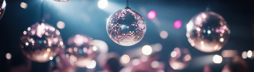 Obraz premium Sparkling disco balls in vibrant atmosphere.