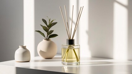 A serene still life featuring an aroma diffuser and decorative vases. Soft sunlight casts gentle shadows, creating a calming and stylish atmosphere.