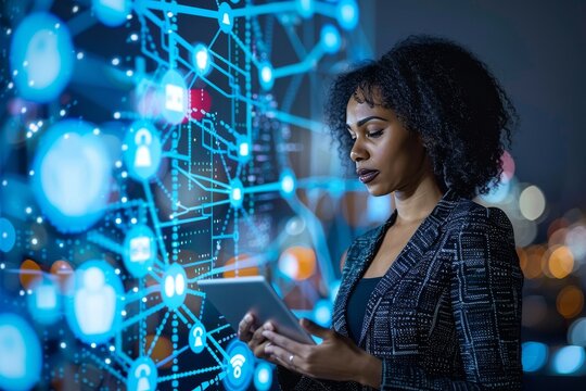 African american woman with tablet in vibrant cityscape showcasing technology and urban night beauty