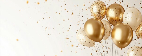 Gold balloons, confetti, celebration, party decor, festive decoration, luxury event, golden hues on a neutral background Perfect for celebrations and special occasions