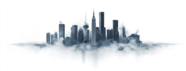 Fototapeta premium The New York City skyline is depicted, partially obscured by a thick layer of fog or clouds at sunrise
