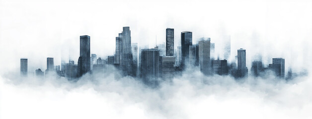 Fototapeta premium A watercolor-style depiction of the Houston skyline partially obscured by a thick layer of fog or clouds