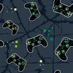 Abstract seamless pattern with gamepads illustration on digital background, thunder lines wall. Energy wall and game pad print for boy textile, clothes, wrapping paper. Joystick ornament © Kseniia Koval