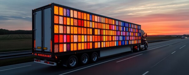 Fototapeta premium Vibrant truck illuminated on highway at sunset