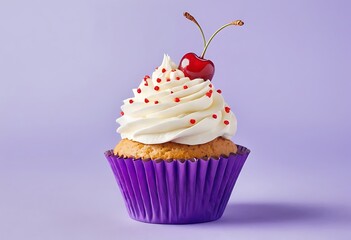 muffin with lilac color cream decorated with edible pearls on a saucer stands on a wooden background. Festive cake with cream. cream cheese, butter cream. Fresh bakery. Birthday dessert. small cake.