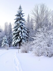 Naklejka premium A serene winter landscape with snow covered trees and a peaceful atmosphere, snow, scenic
