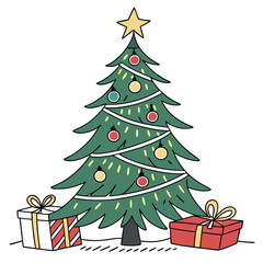 Beautiful Christmas Tree Vector Illustration with a Gold Star and Lights on a White Background – Perfect for Holiday Cards, Posters, and Seasonal Designs