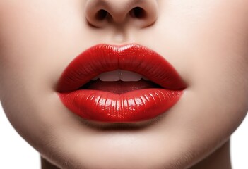 Obraz premium Closeup macro portrait of female part of face. Human woman lips with day beauty makeup. Girl with perfect plump lips shape.