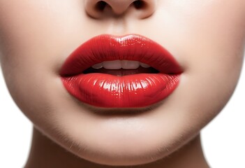 Fototapeta premium Closeup macro portrait of female part of face. Human woman lips with day beauty makeup. Girl with perfect plump lips shape.