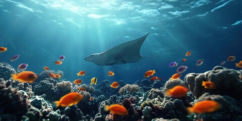 A large manta ray gliding slowly above a coral reef, surrounded by a group of colorful butterfly fish