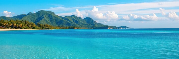 Obraz premium Sandy tropical beach with lush green island in background, getaway, beach
