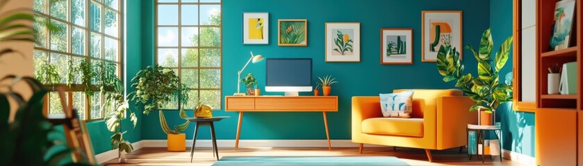 Bright artistic workspace featuring cozy furniture, vibrant colors, and plenty of natural light