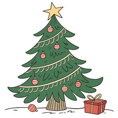 Fototapeta premium Beautiful Christmas Tree Vector Illustration with a Gold Star and Lights on a White Background – Perfect for Holiday Cards, Posters, and Seasonal Designs