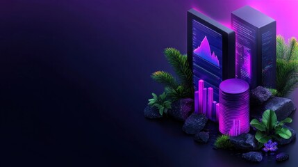 A dynamic digital dashboard displays financial data visualizations, set against a vibrant background of glowing elements and lush greenery, showcasing a blend of nature and technology