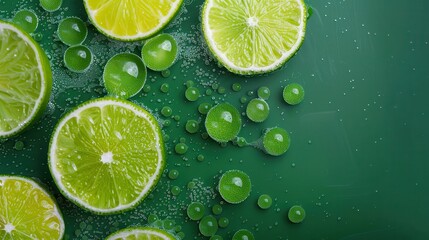 Chia seed and lime. Fresh limes and lime slices are scattered on a vibrant green background, with sparkling bubbles accentuating their juicy texture.