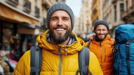 Fototapeta premium Two friends with backpacks stand in a bustling city street, smiling broadly as they embrace the adventure in a lively urban environment filled with shops and people